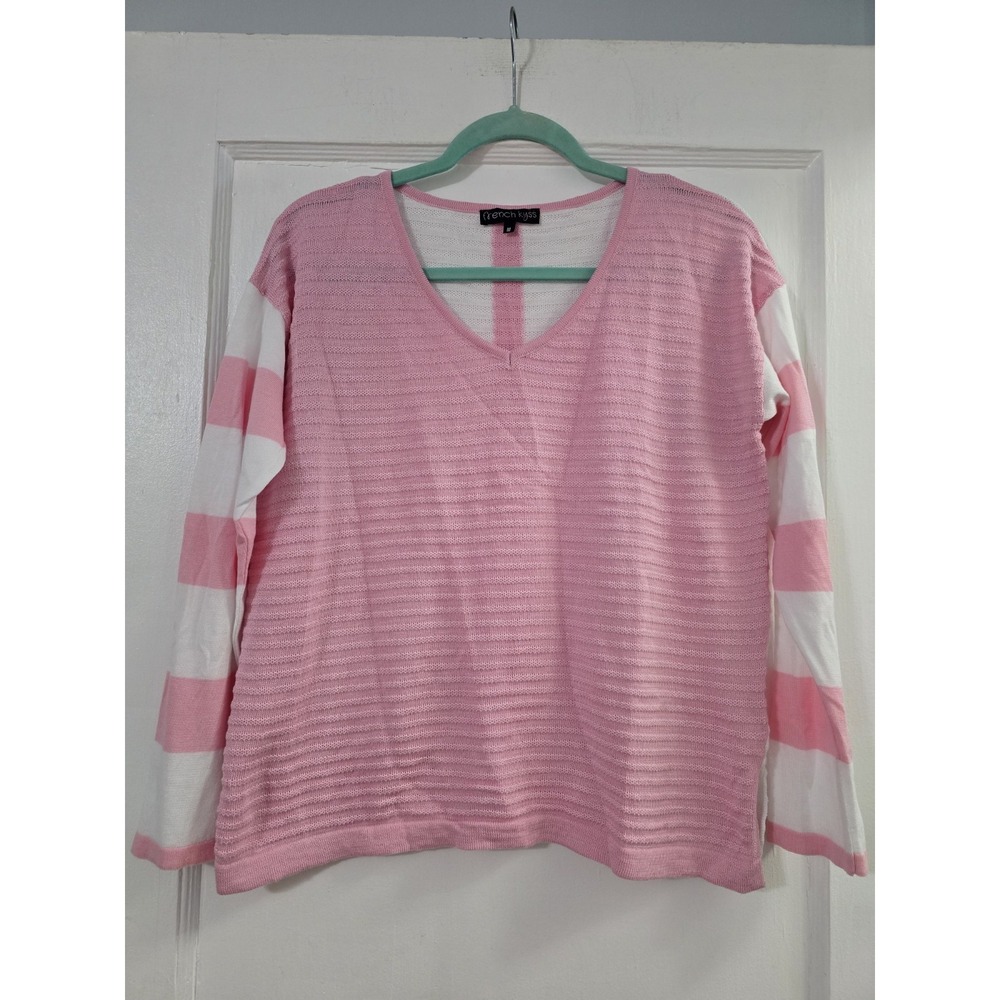French Kyss Womens Sweater Ribbed‎ Pink White Striped Sleeves Size Medium